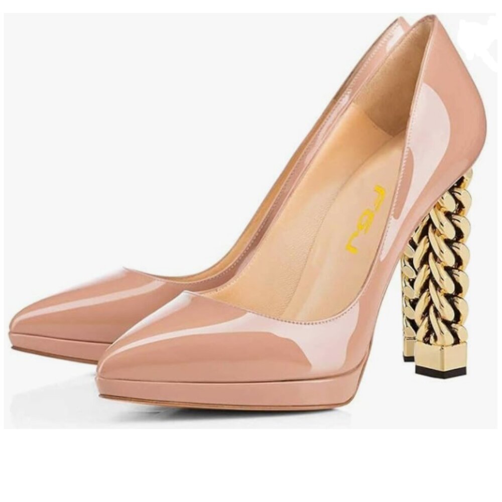 FSJ Nude Platform Gold Metal Chain Chunky High Heel Pointed Toe Slip On Pumps